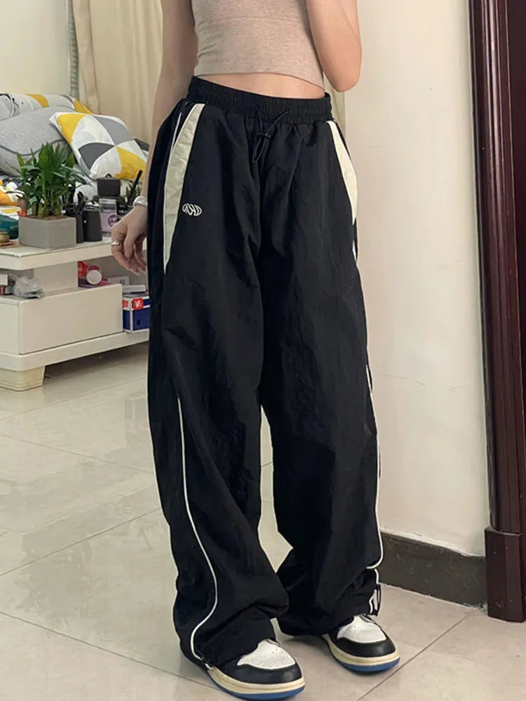 warmmeta 2 Women Spring Retro Solid Loose Drawstring Trousers Casual Joggers Baggy Wide Leg Sweatpants Mid Waist Sporty Y2k Female Clothes