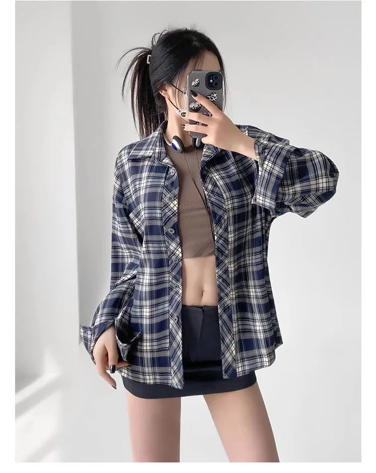 Tawaaiw American Retro Loose Plaid Shirt Women Clothes Long Sleeve Korean Fashion Spring Casual Shirts Streetwear Tops Blouse