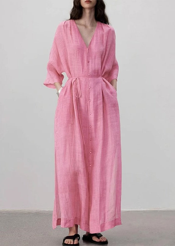 Style Pink V Neck Button Lace Up Linen Long Dress Summer AP079