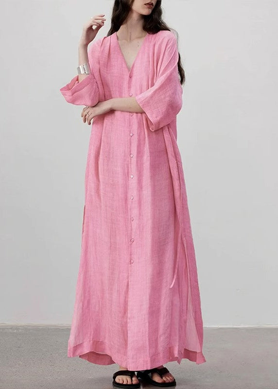 Style Pink V Neck Button Lace Up Linen Long Dress Summer AP079