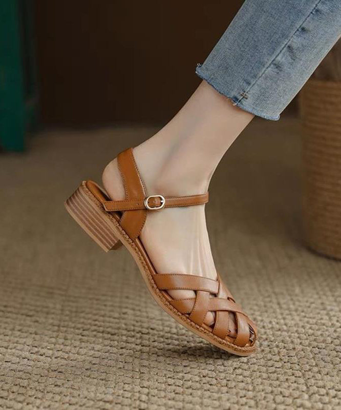 Unique Splicing Chunky Sandals Brown Faux Leather Hollow Out OI040