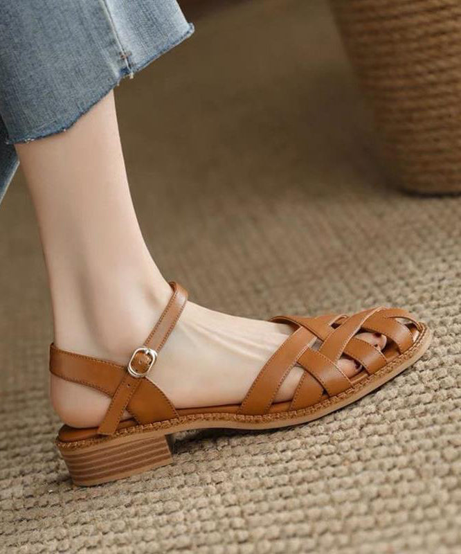 Unique Splicing Chunky Sandals Brown Faux Leather Hollow Out OI040