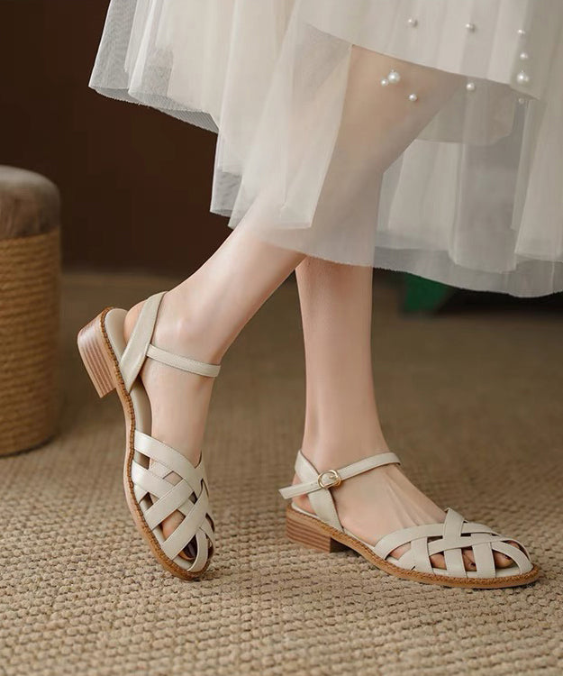 Unique Splicing Chunky Sandals Brown Faux Leather Hollow Out OI040