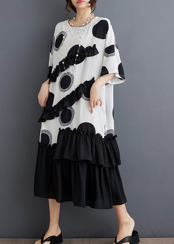 White Dot Print Patchwork Loose Chiffon Dress Ruffled Summer AP005