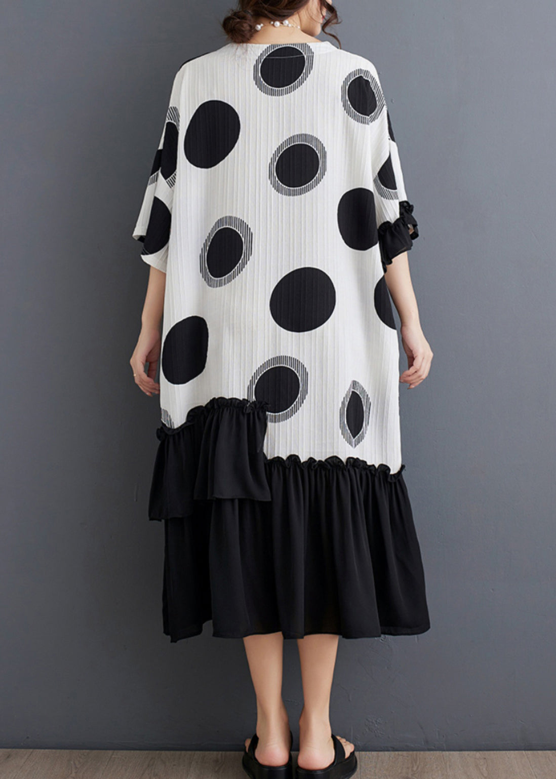 White Dot Print Patchwork Loose Chiffon Dress Ruffled Summer AP005