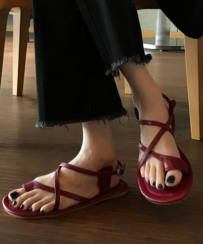 Wine Red Faux Leather Splicing Hollow Out Thong Sandals OI034