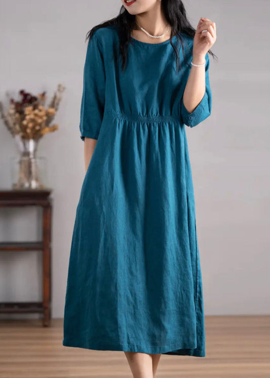 Women Blue O Neck Pockets Wrinkled Linen Dresses Summer AP049