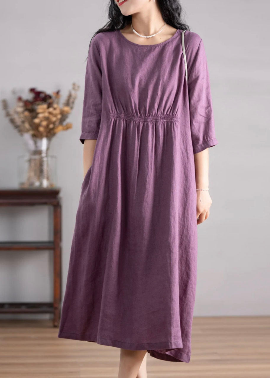 Women Blue O Neck Pockets Wrinkled Linen Dresses Summer AP049