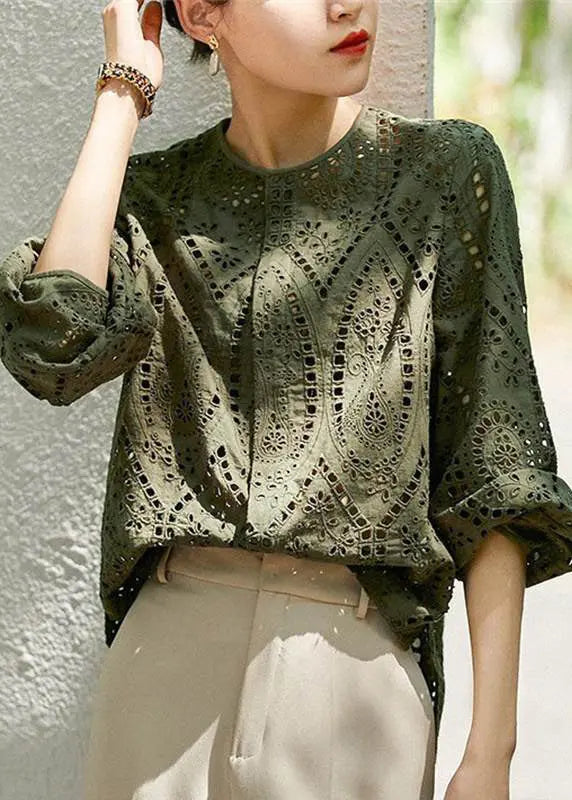 Women Light Khaki O Neck Hollow Out Cotton Blouses Long Sleeve G141