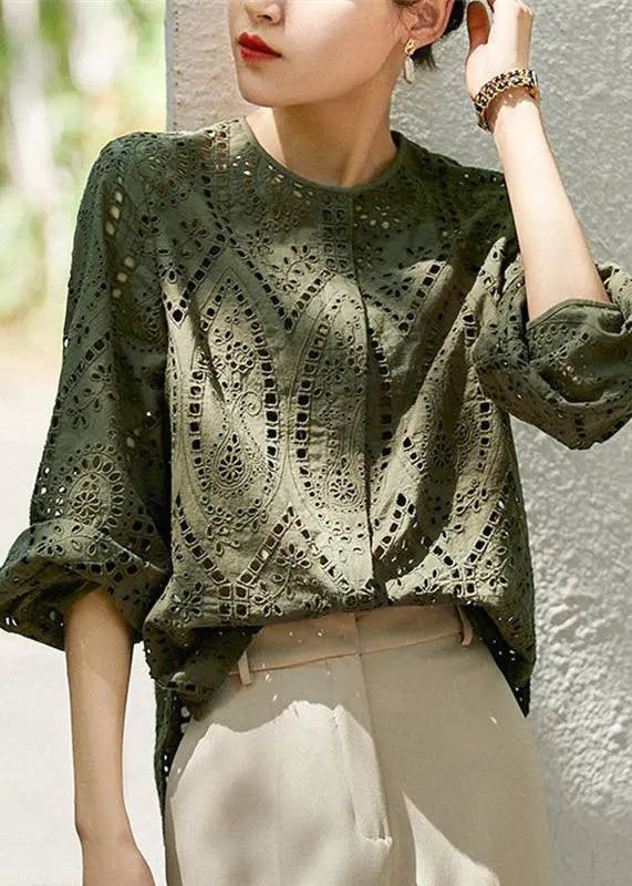 Women Light Khaki O Neck Hollow Out Cotton Blouses Long Sleeve G141