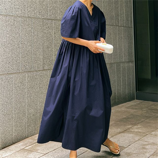 Short-Sleeve V-Neck Plain Maxi A-Line Dress AH371