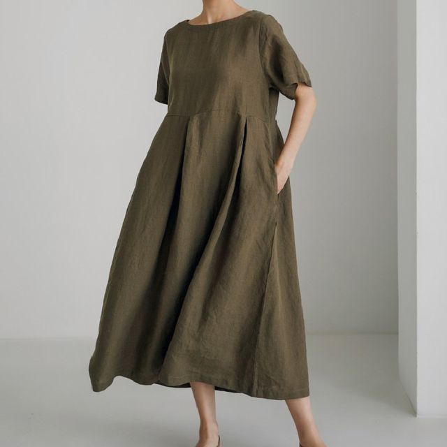 Short-Sleeve Crew Neck Plain Midi Smock Dress AH157