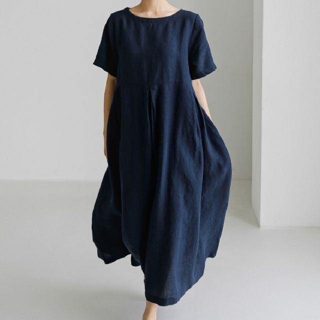 Short-Sleeve Crew Neck Plain Midi Smock Dress AH157