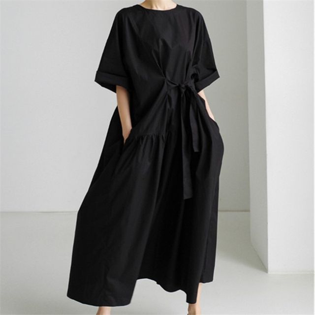 Flared-Sleeve Crew Neck Plain Tie Waist Maxi Smock Dress AH423