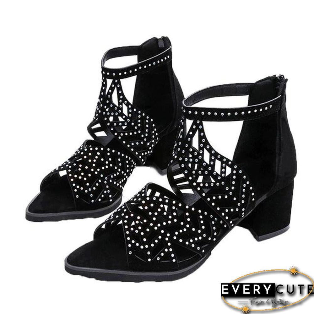 New Style Women Summer Hollow Out Faux Leather Rhinestones Thick Heel Zipper Sandals Shoes Eur