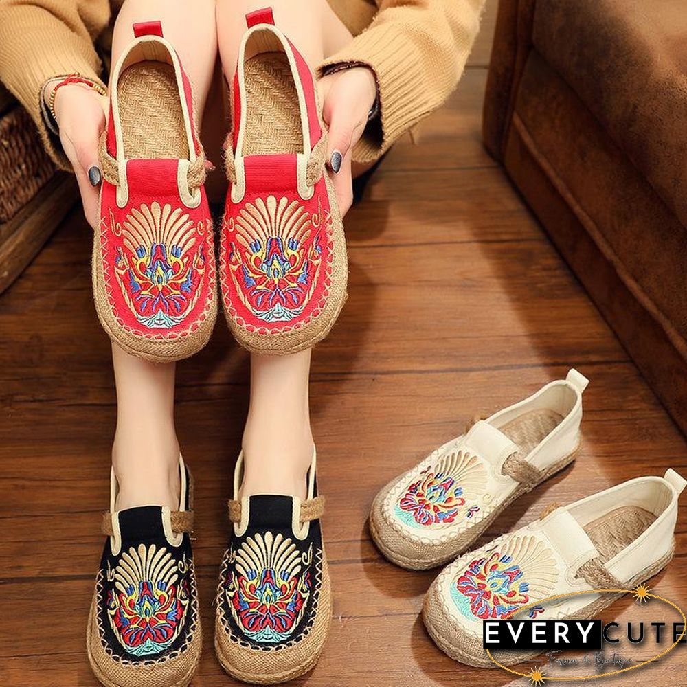 Women  Flats Black Embroideried Cotton Fabric Flats Shoes