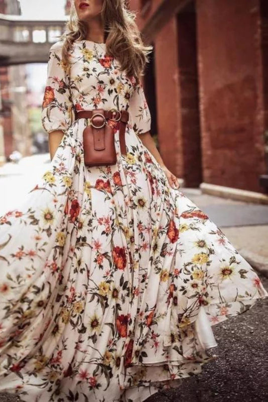 Stylish Elegant Floral Print Half Sleeve Maxi Dresses