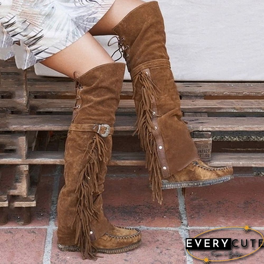 Winter Women Faux Suede Tassel Boots Fashion Ethnic Fringe Boho Long Boots Flat Heel Knee High Boots