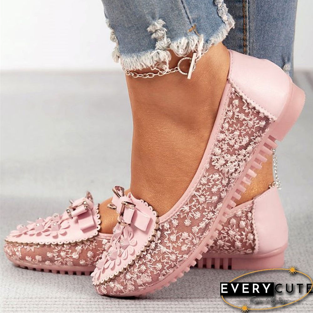 Women's Elegant Applique Bowknot Decor Lace Split Joint Flat Shoes