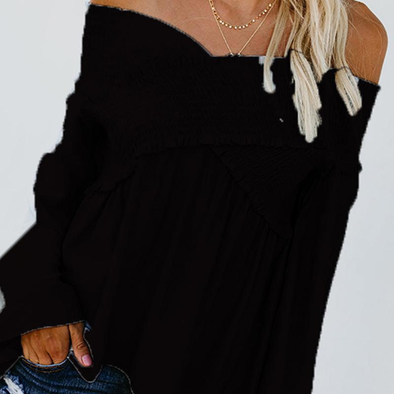 Elastic Off Shoulder Long Flare Sleeve Plain Pleated Loose T-Shirts