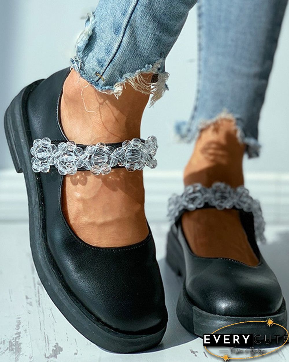 Studded Decor Strap Mary Jane Flats