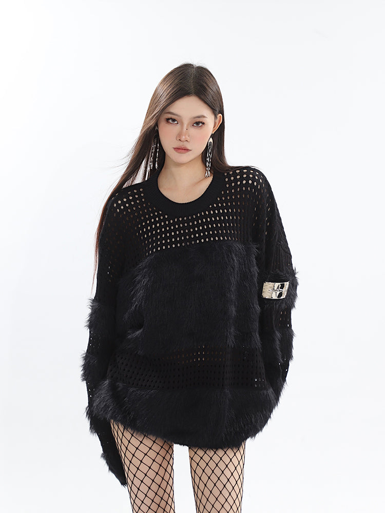 Nelly Solid Color Furry Crewneck Openwork Knitted Long Sleeve Fall Sweater