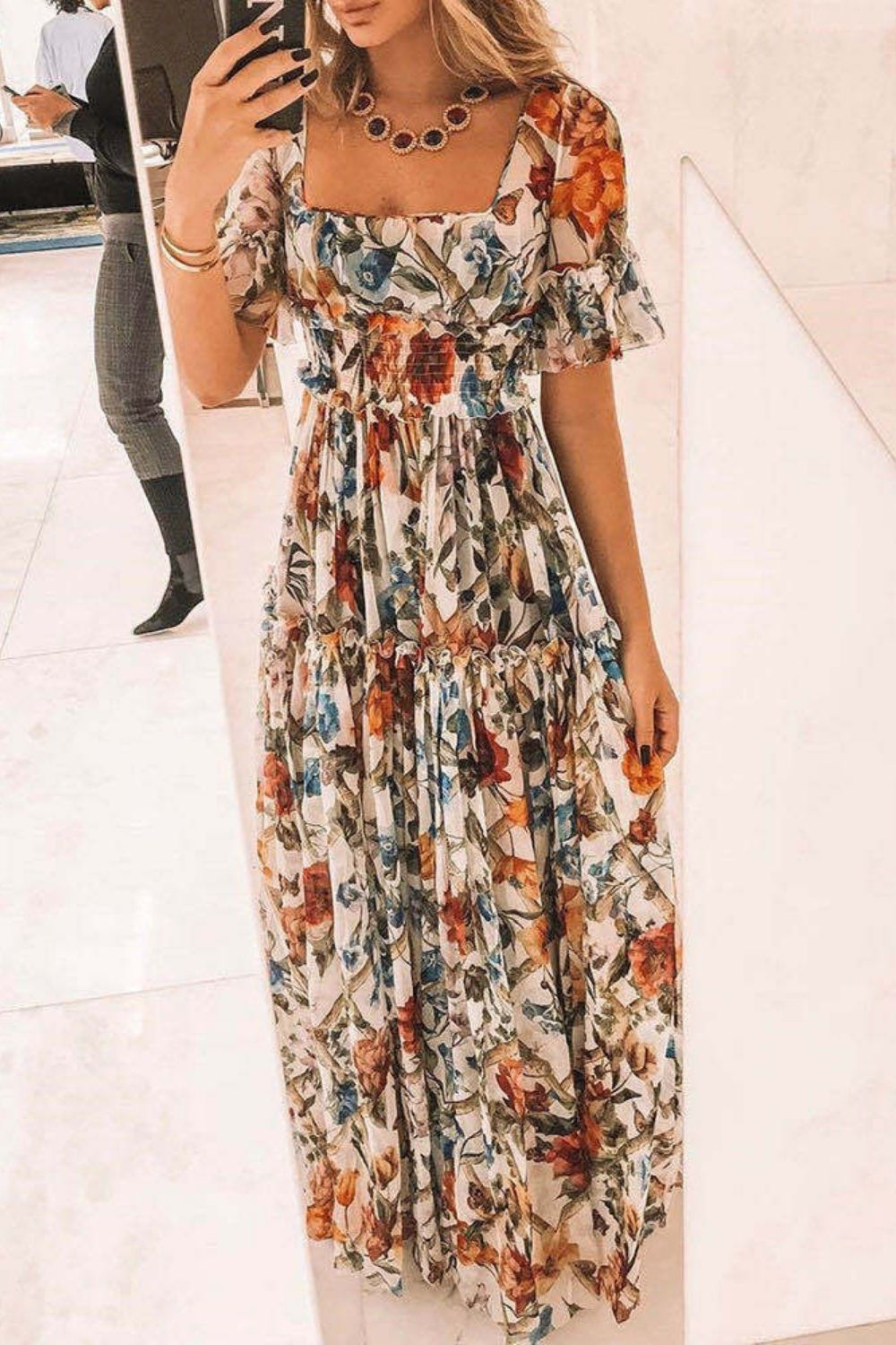 Sexy Short Sleeves Floral Print Off Shoulder Maxi Dress