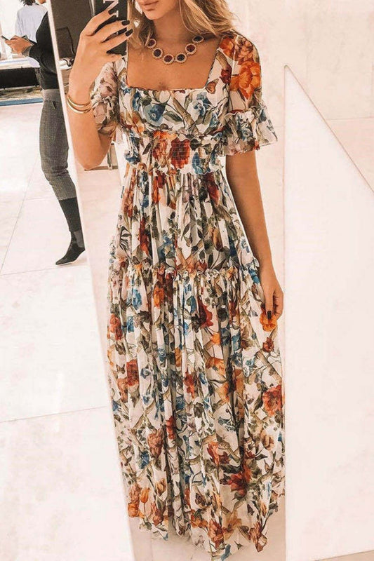 Sexy Short Sleeves Floral Print Off Shoulder Maxi Dress