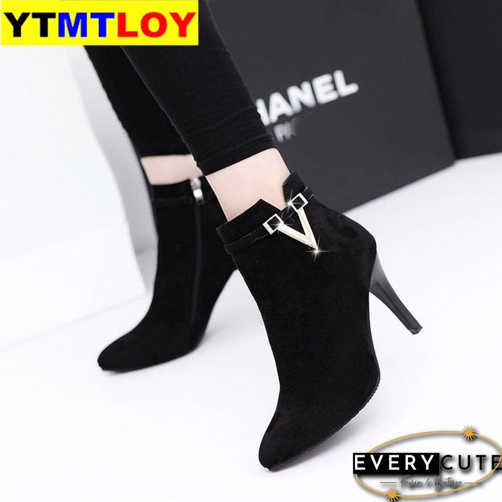 New Women Boots Ankle PU Leather Zipper Booties High Heels Autumn Shoes Black Winter Boots Zapatos De Mujer Pointed Toe