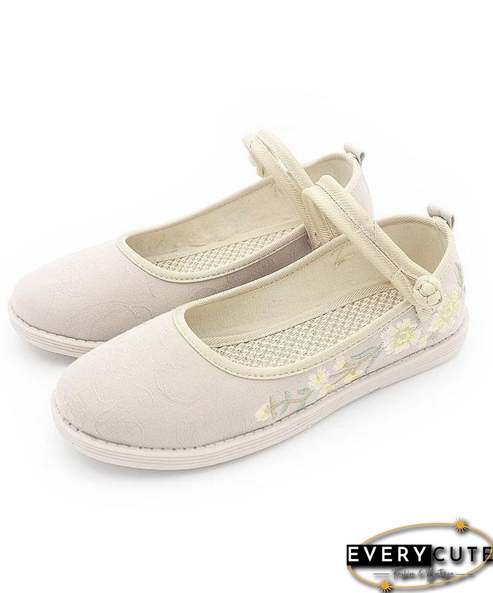 Beige Embroideried Cotton Fabric Flat Shoes Buckle Strap Flat Shoes