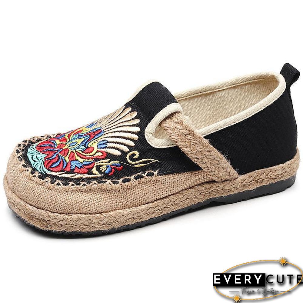 Women  Flats Black Embroideried Cotton Fabric Flats Shoes