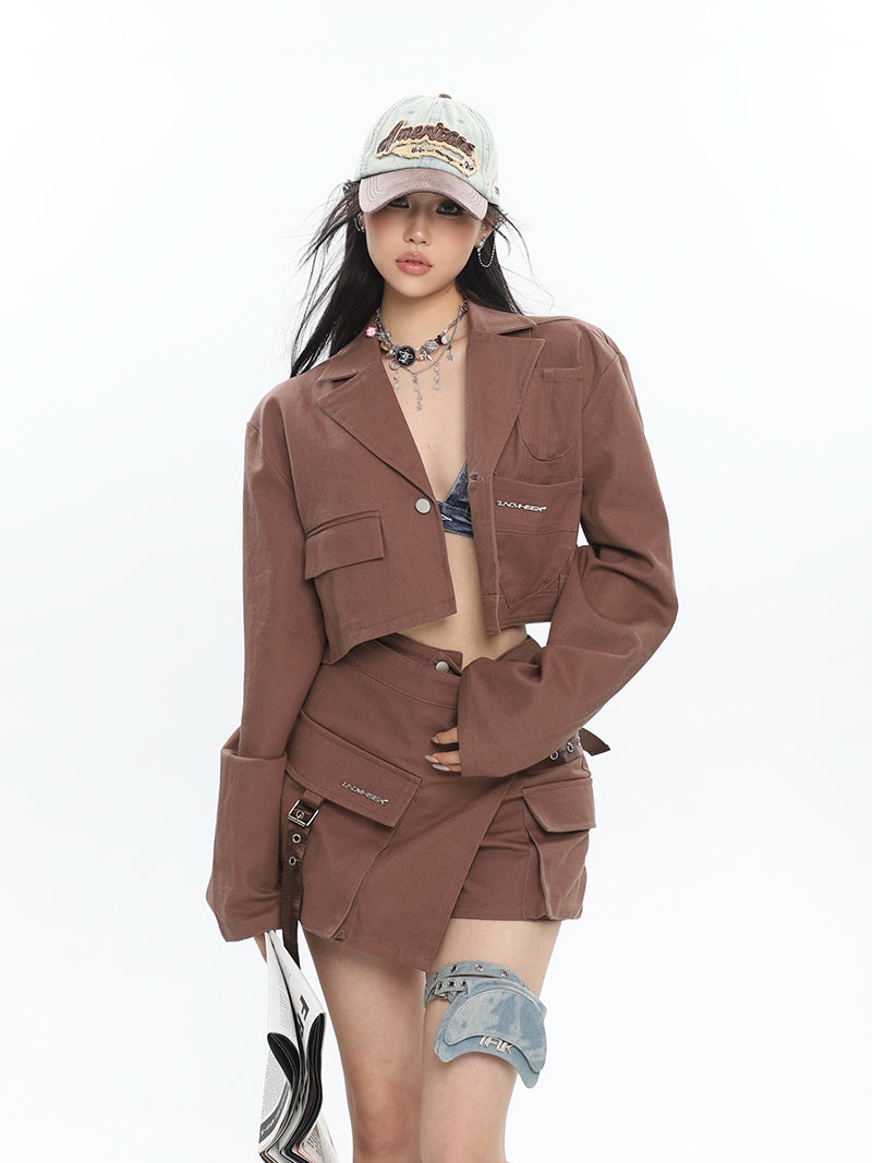 Yielle Solid Color Brown Design Multi-Pocket Slim Cargo Mini Skirt Cropped Jacket Matching Set