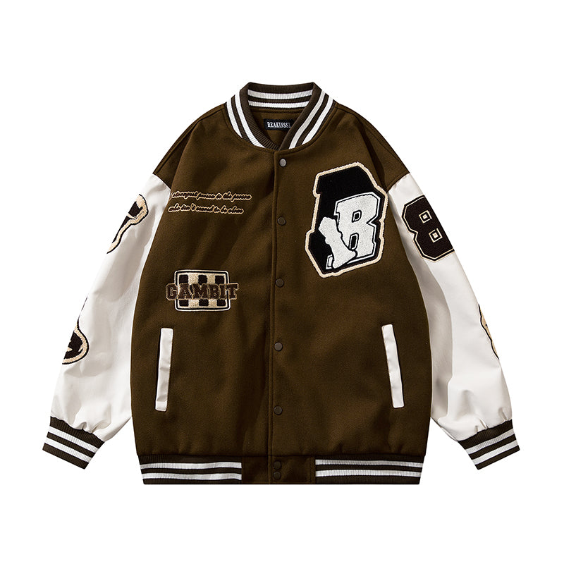 Reakinsse Vintage Embroidered Long Sleeve Button Up Varsity Jacket