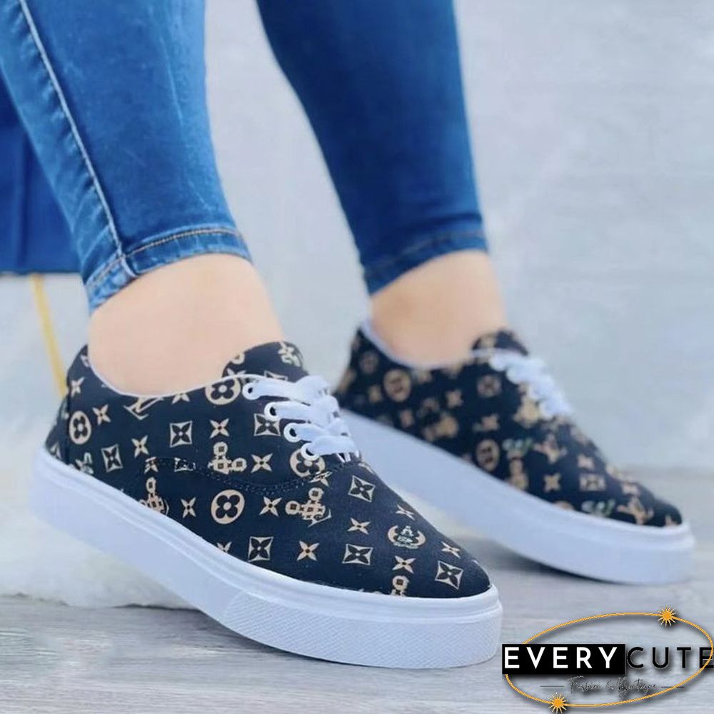 Women's Graphic Printed Round Toe Flat Heel Shoelaces Casual Shoes