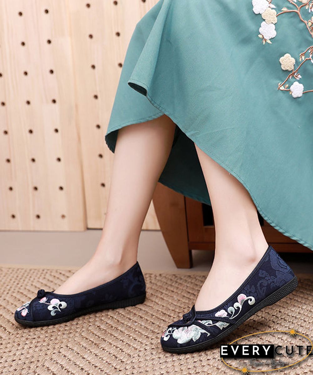 Comfy Blue Flats Embroideried Cotton Fabric Flat Shoes For Women