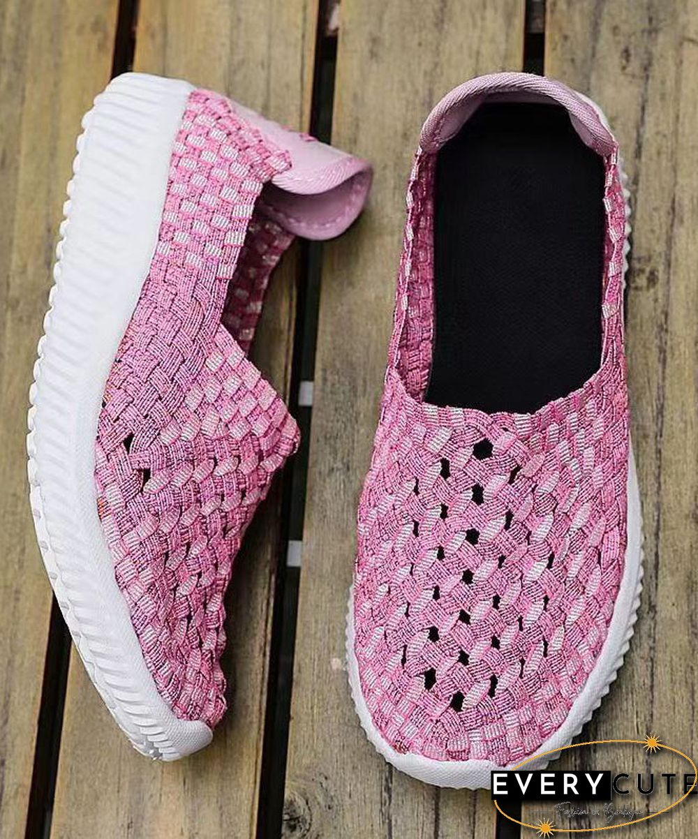 Pink Flat Shoes Knit Fabric Handmade Splicing Women