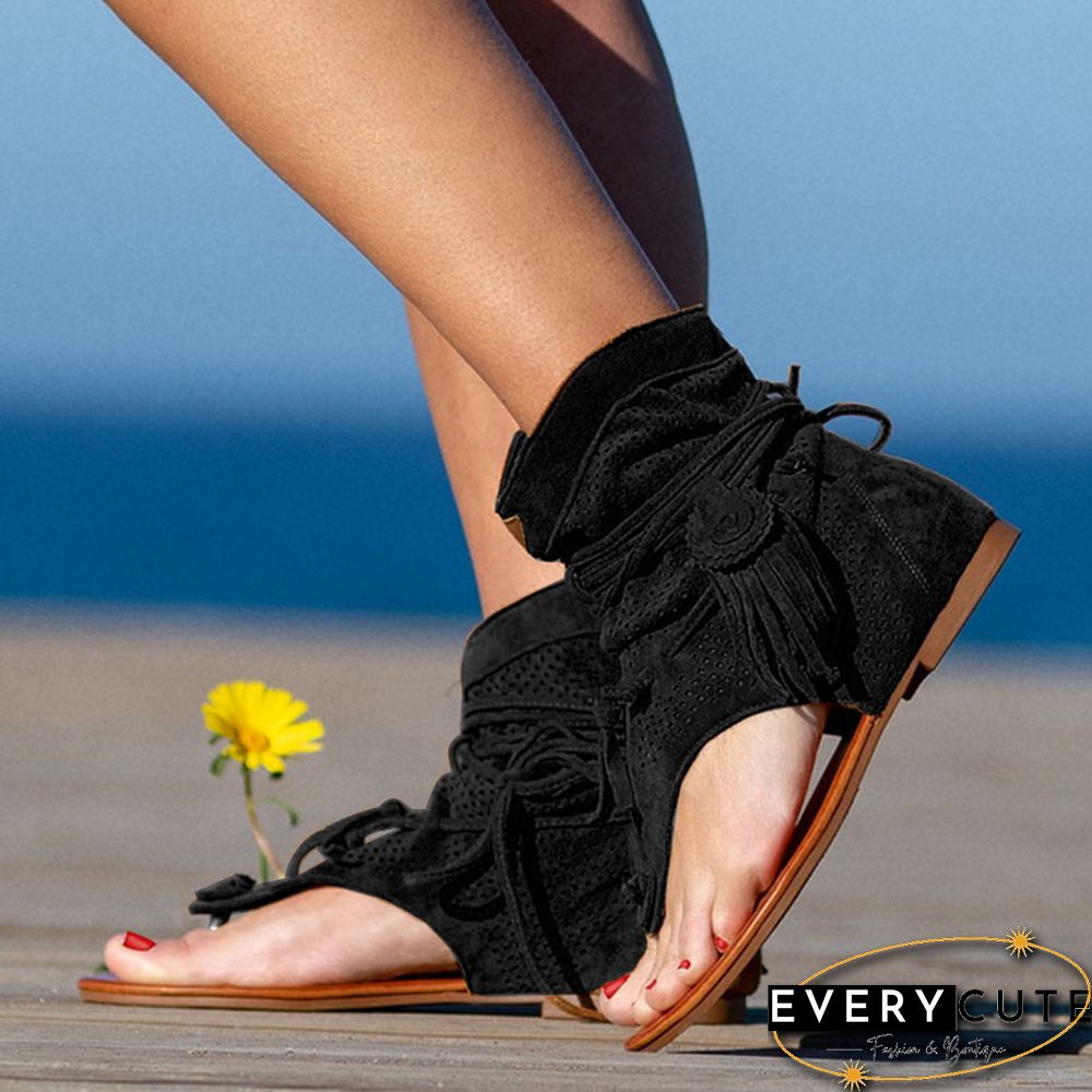 Retro Women Fringe Flower Wedges Shoes Solid Flock Beach Casual Sandals Women Summer Flip Flop Sandals