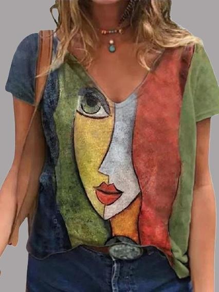 Abstract Character Print V-neck Short Sleeve T-Shirts