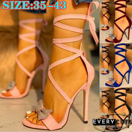 Women Ladies Fashion Glitter Bow Crisscross Thin Heeled Sandals Open Toe Cutout Stiletto Heel Sexy High-heel Sandals Plus Size