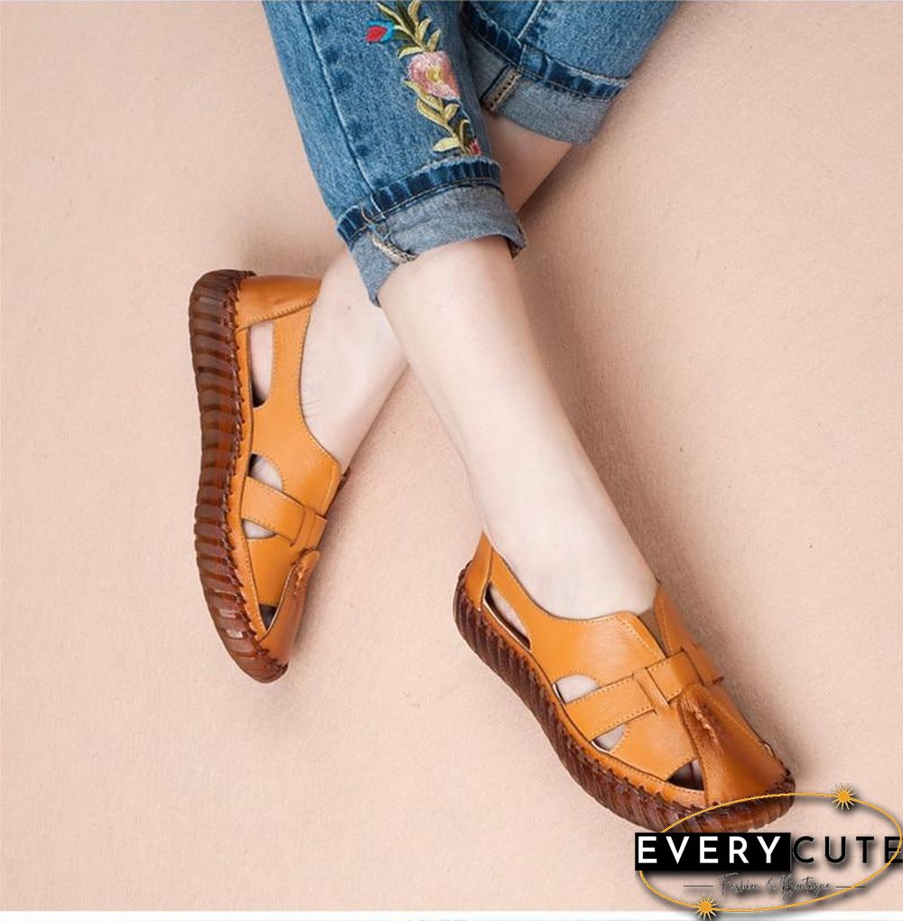 Women Genuine Leather Handmade Sandals Retro Style Mother Flats Shoes