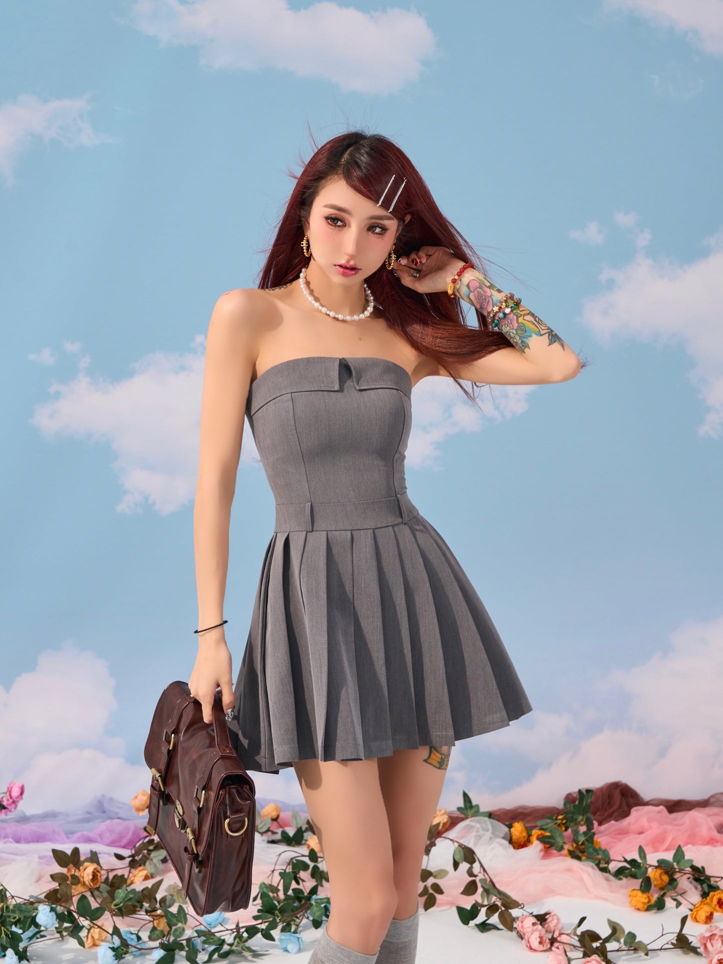 Julianna Solid Color Gray Bandeau Chest Fold Pleated Sleeveless Short Mini Dress