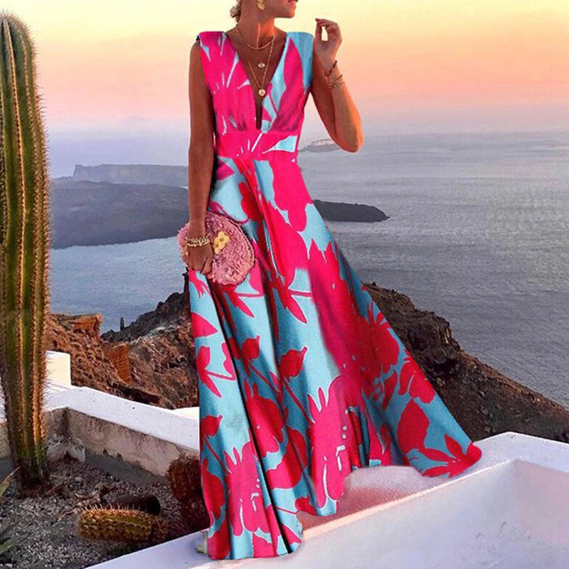 Sexy Cutout Sleeveless Beach V Neck Halter Vacation Dresses