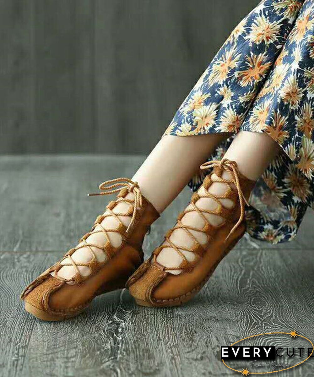 Casual Lace Up Splicing Flat Shoes Khaki Cowhide Leather