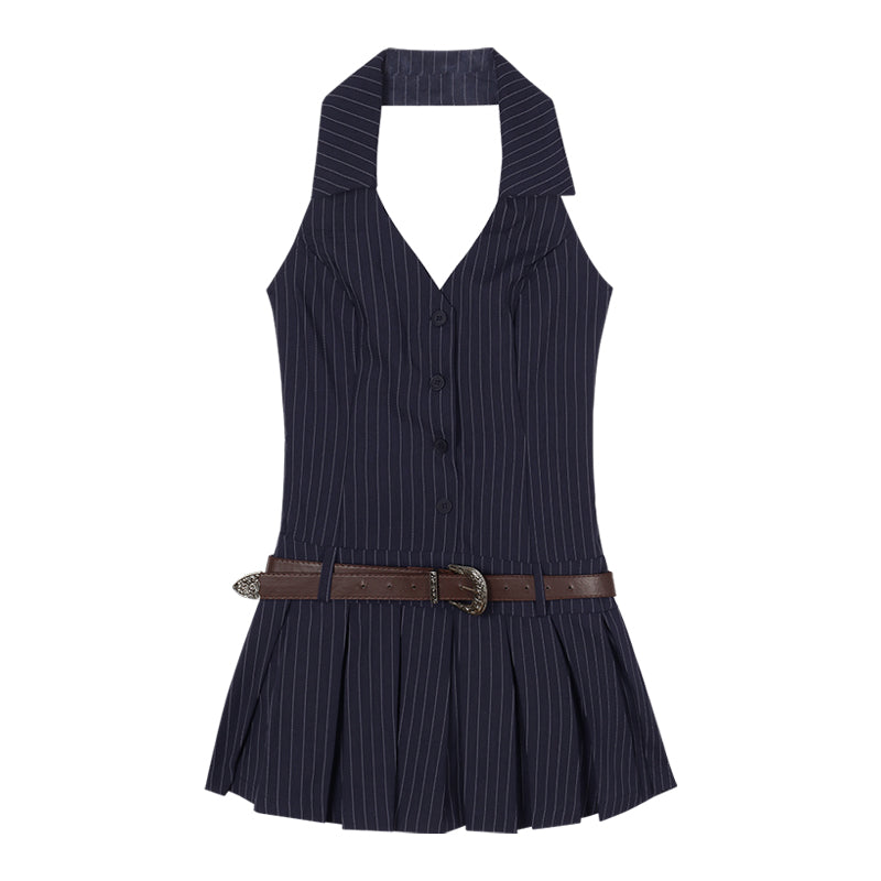 Olivia Striped Navy Blue Slim Sleeveless V-neck Halter Neck Waist Belt Pleated A-line Mini Dress