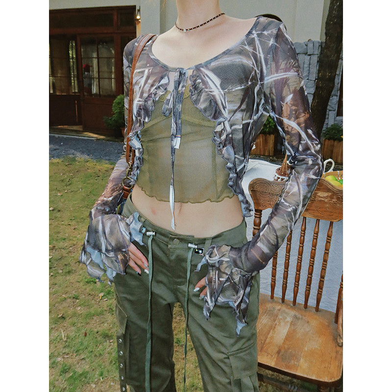 Verra Spice Graphic Image Print Front Tie Long Sleeve Mesh Cardigan + Spaghetti Strap Green V-Neck Slim Cropped Top