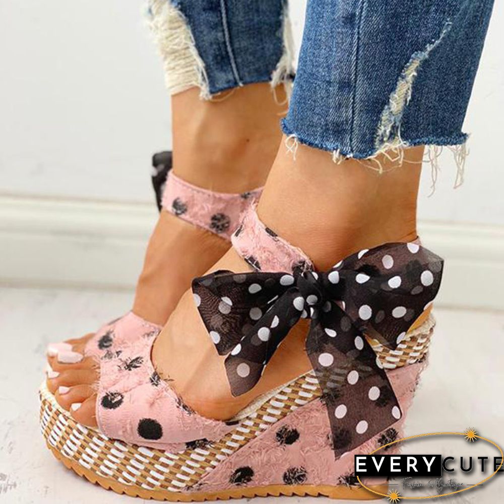 Women Sandals Dot Bowknot Design Platform Wedge Female Casual High Increas Shoes Ladies Fashion Ankle Strap Open Toe Sandals