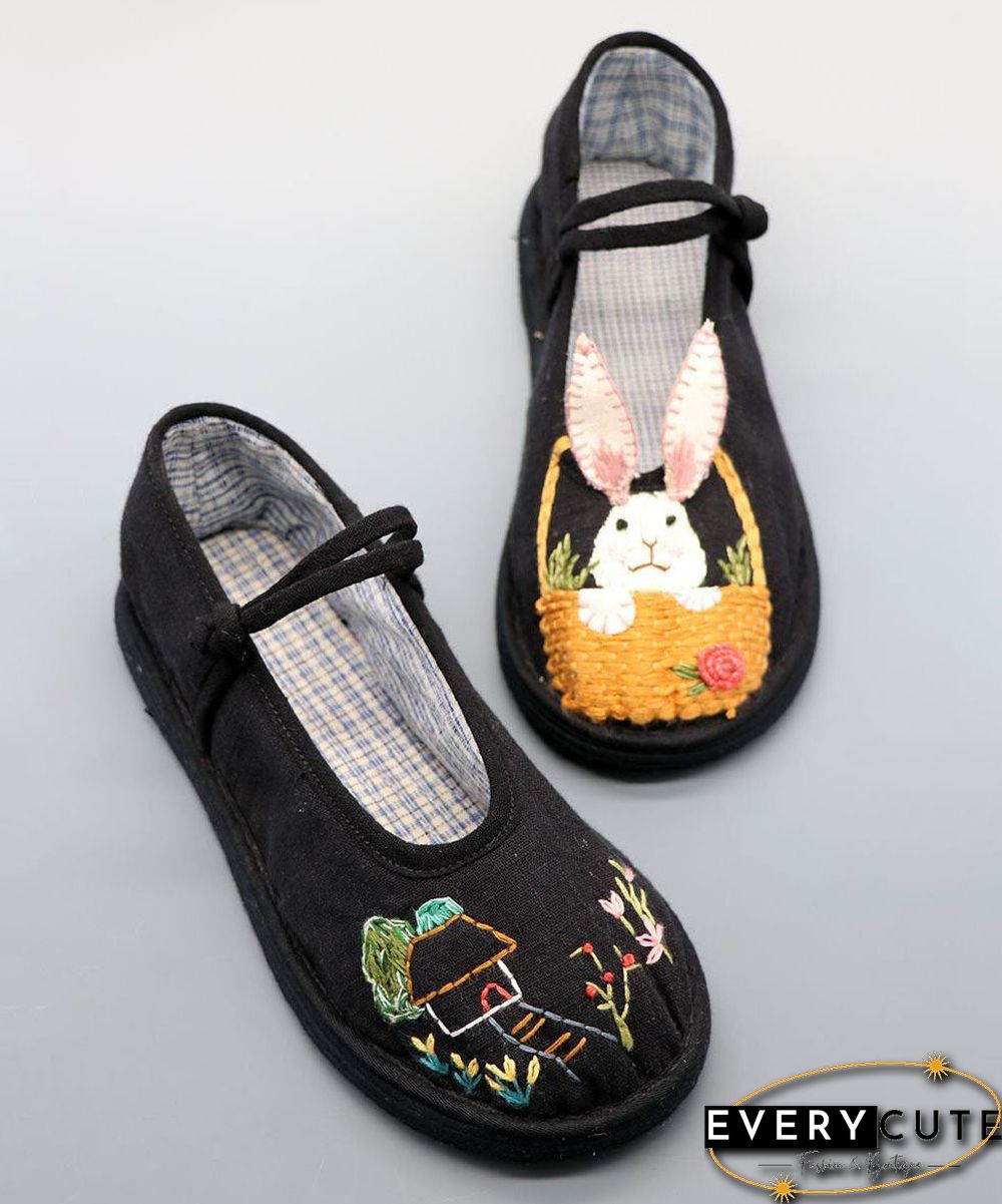 Vintage Black Embroidery Buckle Strap Splicing Flat Shoes For