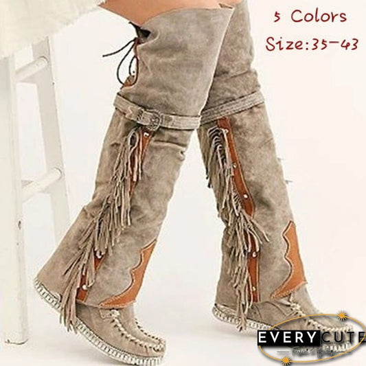 Winter Women Faux Suede Tassel Boots Fashion Ethnic Fringe Boho Long Boots Flat Heel Knee High Boots