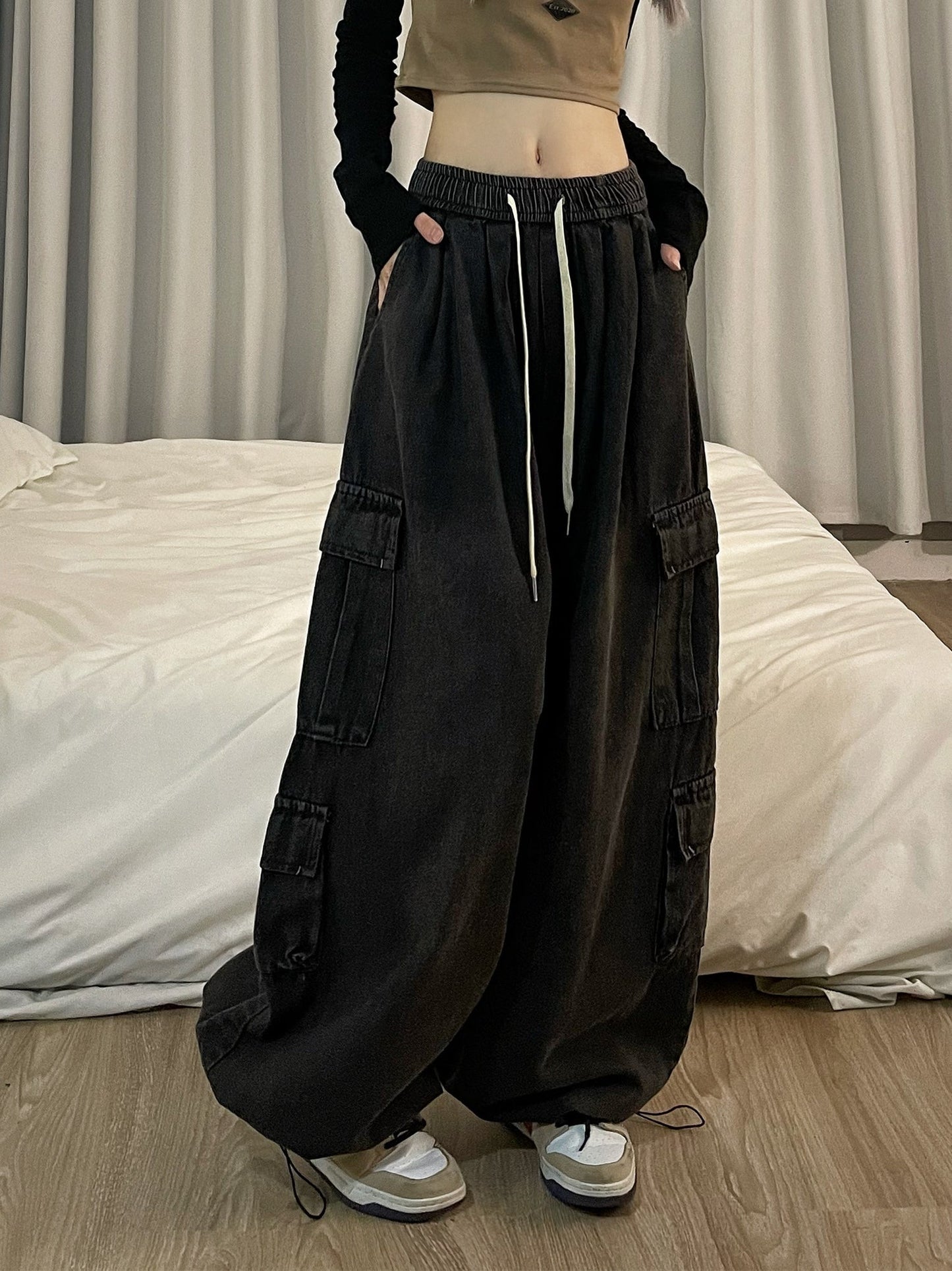 Dian Solid Color Retro Streetwear Straight Wide Leg Multi-Pocket High Waist Cargo Pants