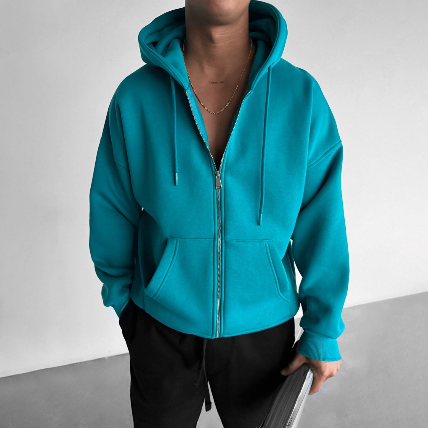 Oversize Basic Zipper Hoodie - Ocean